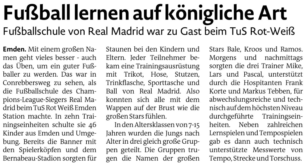 Fußball lernen auf königlicher Art Fußballschule von Real Madrid war zu Gast beim TuS Rot-Weiß Emden