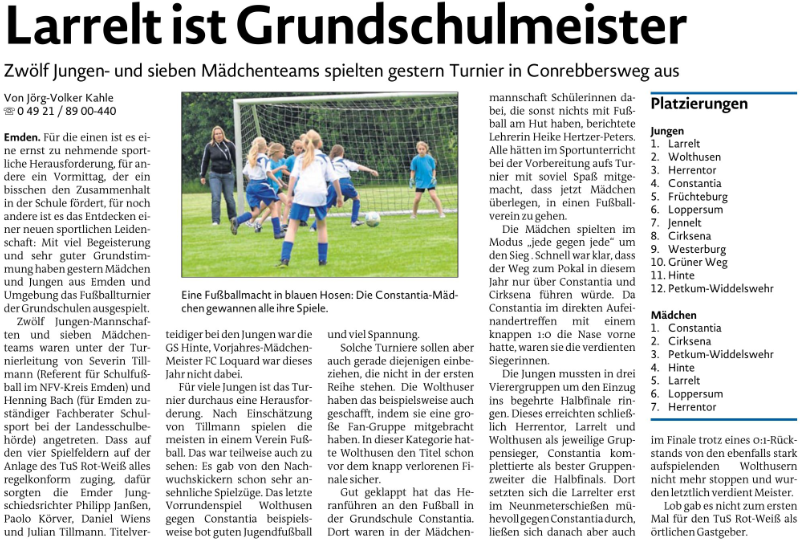 Zwölf Jungen- und sieben Mädchenteams spielten gestern Turnier in Conrebbersweg aus. Larrelt ist Grundschulmeister