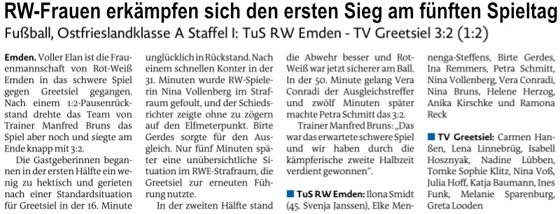 RW-Frauen erkämpfen sich den ersten Sieg am fünften Spieltag. Fussball, Ostfrieslandklasse A Staffel 1