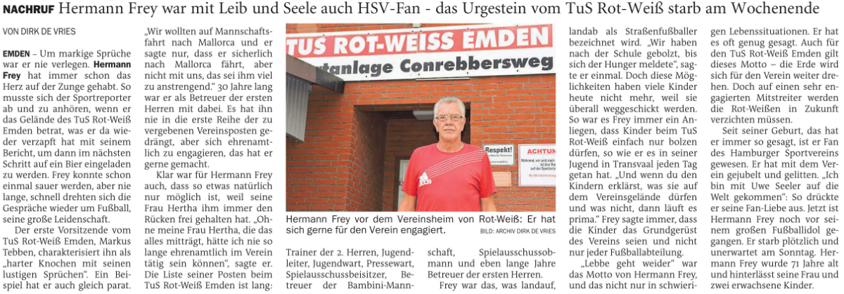 NACHRUF - Hermann Frey war mit Leib und Seele auch HSV-Fan - das Urgestein vom TuS Rot-Weiß starb am Wochenende