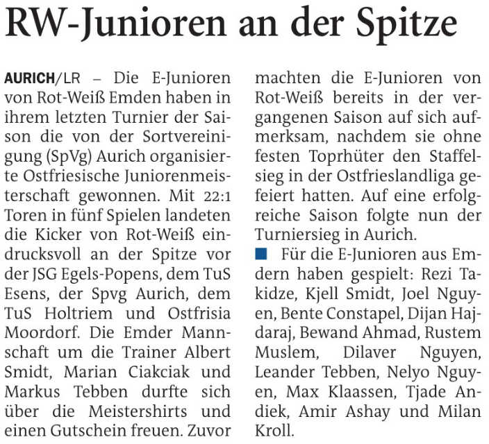 RW-Junioren an der Spitze. ein Bericht der Emder Zeitung vom 05.07.2023